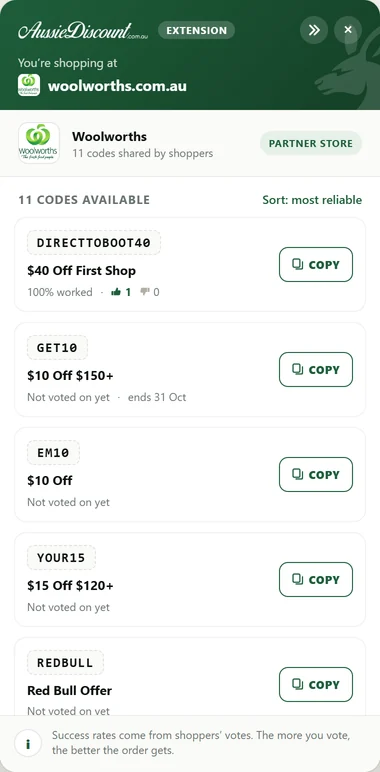 The AussieDiscount panel on Woolworths, listing codes with a Copy button and how often each has worked