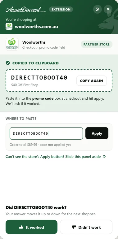 The panel after copying DIRECTTOBOOT40, showing where to paste it and asking whether it worked