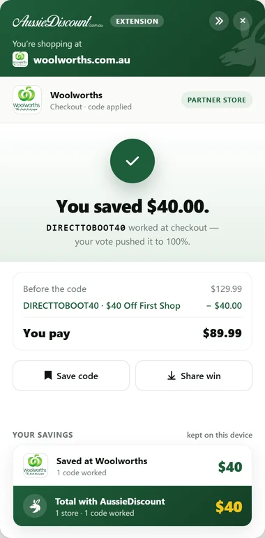 The panel confirming the shopper saved $40.00 at Woolworths, with savings kept on the device